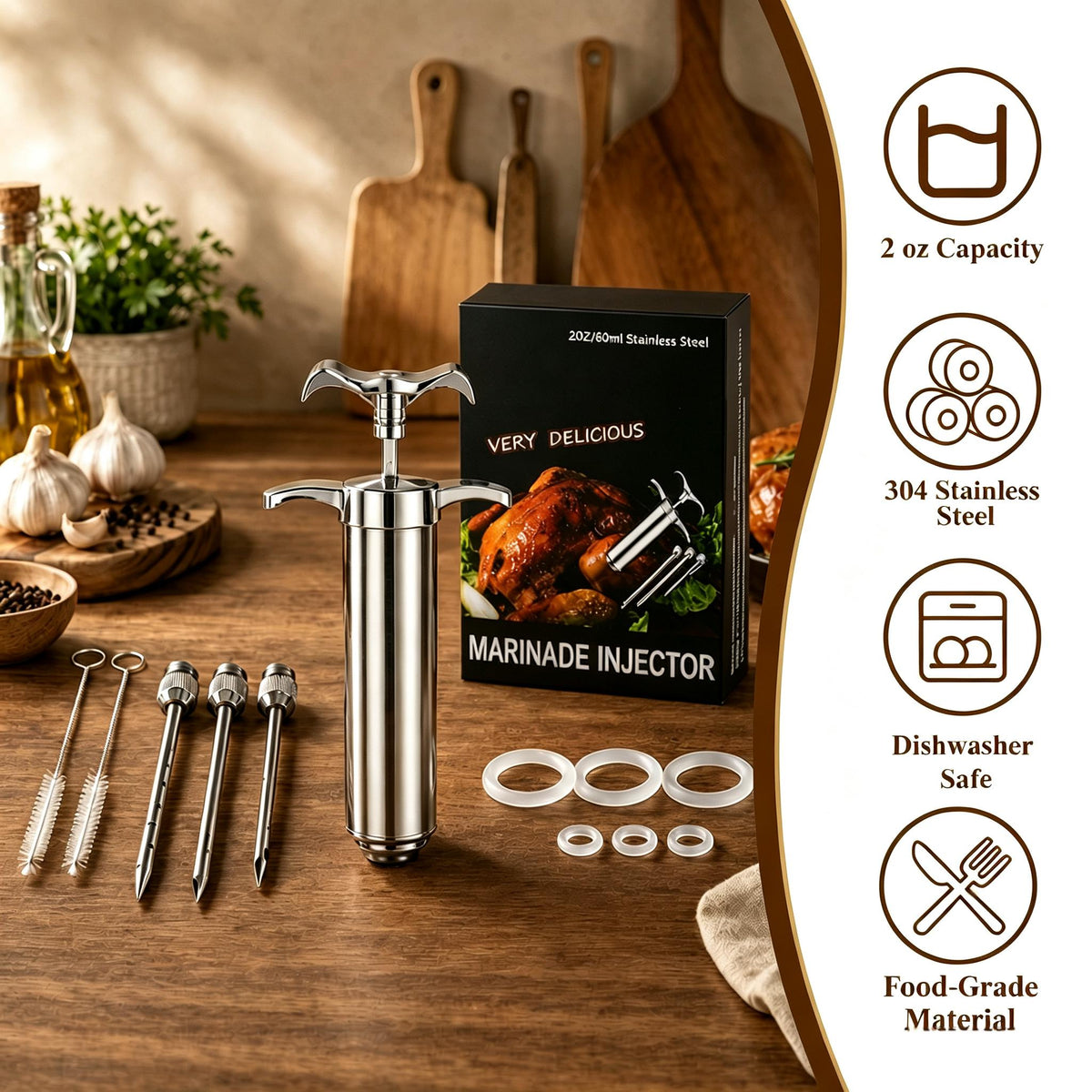 Aifanss Meat Injector Syringe, 2oz 304 Stainless Steel Marinade Injector Kit with 3 Needles, 2 Brushes and O-Rings for BBQ Grill Smoker, Turkey & Brisket
