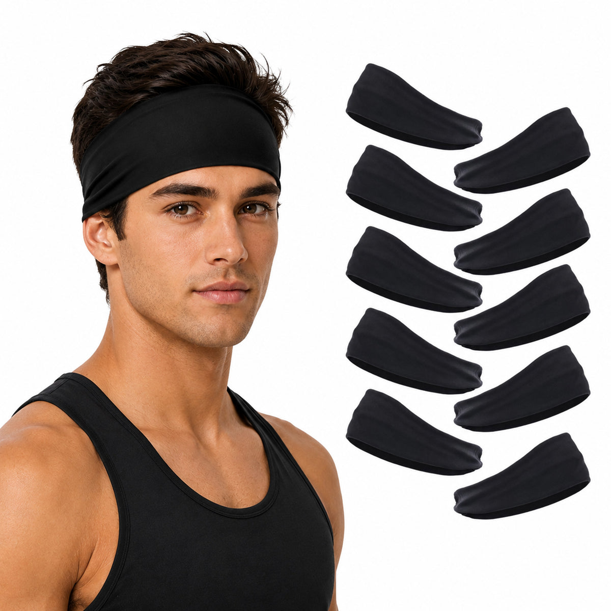 Aifanss 10 Pack Black Headbands for Men & Women, Moisture Wicking Stretchy Sports Sweatbands for Running, Workout, Gym, Fitness, Basketball, Cycling and Yoga