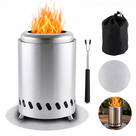 Aifanss Tabletop Fire Pit 8 x 5.5 inch, Portable Low Smoke Table Top Firepit, Stainless Steel Mini Fire Pit with Travel Bag, Fireproof Mat and Roasting Forks, Silver