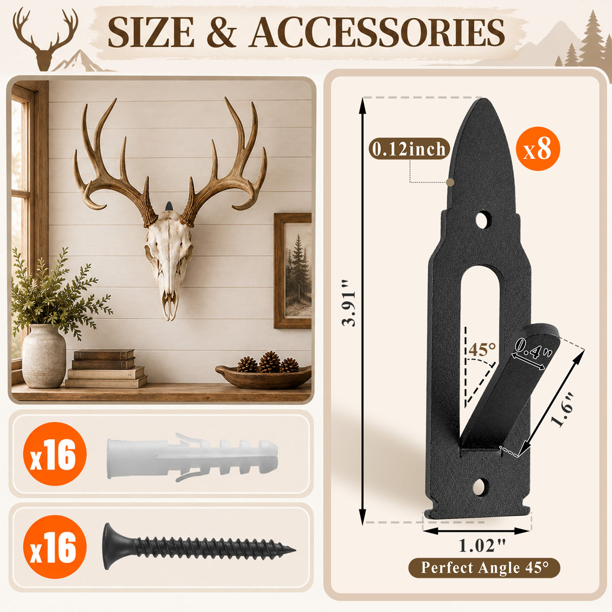 Aifanss Mount Skull Hanger 8 pcs,Black Metal Skull Mount Hanger,for Deer, Mule Deer, Antelope, Coyote & Small Game Skulls Display