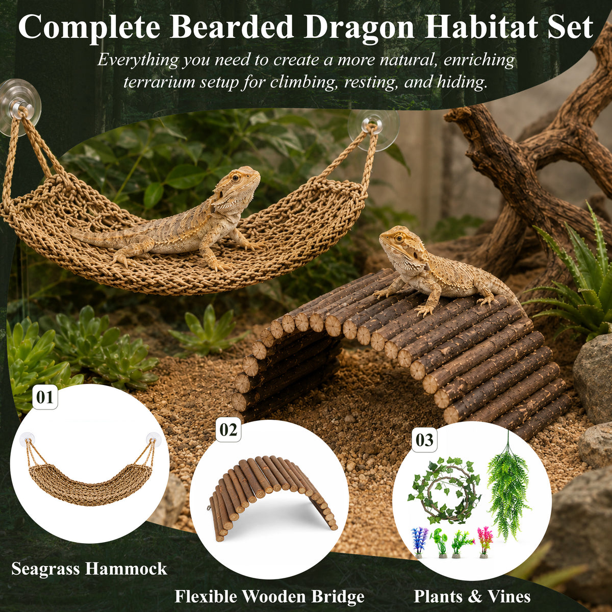 Aifanss Bearded Dragon Tank Accessories, 9 PCS Reptile Hammock Climbing Bridge Jungle Vines, Terrarium Decor for Lizards Geckos Snake Habitat Set