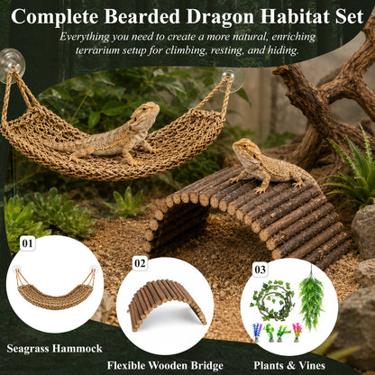 Aifanss Bearded Dragon Tank Accessories, 9 PCS Reptile Hammock Climbing Bridge Jungle Vines, Terrarium Decor for Lizards Geckos Snake Habitat Set