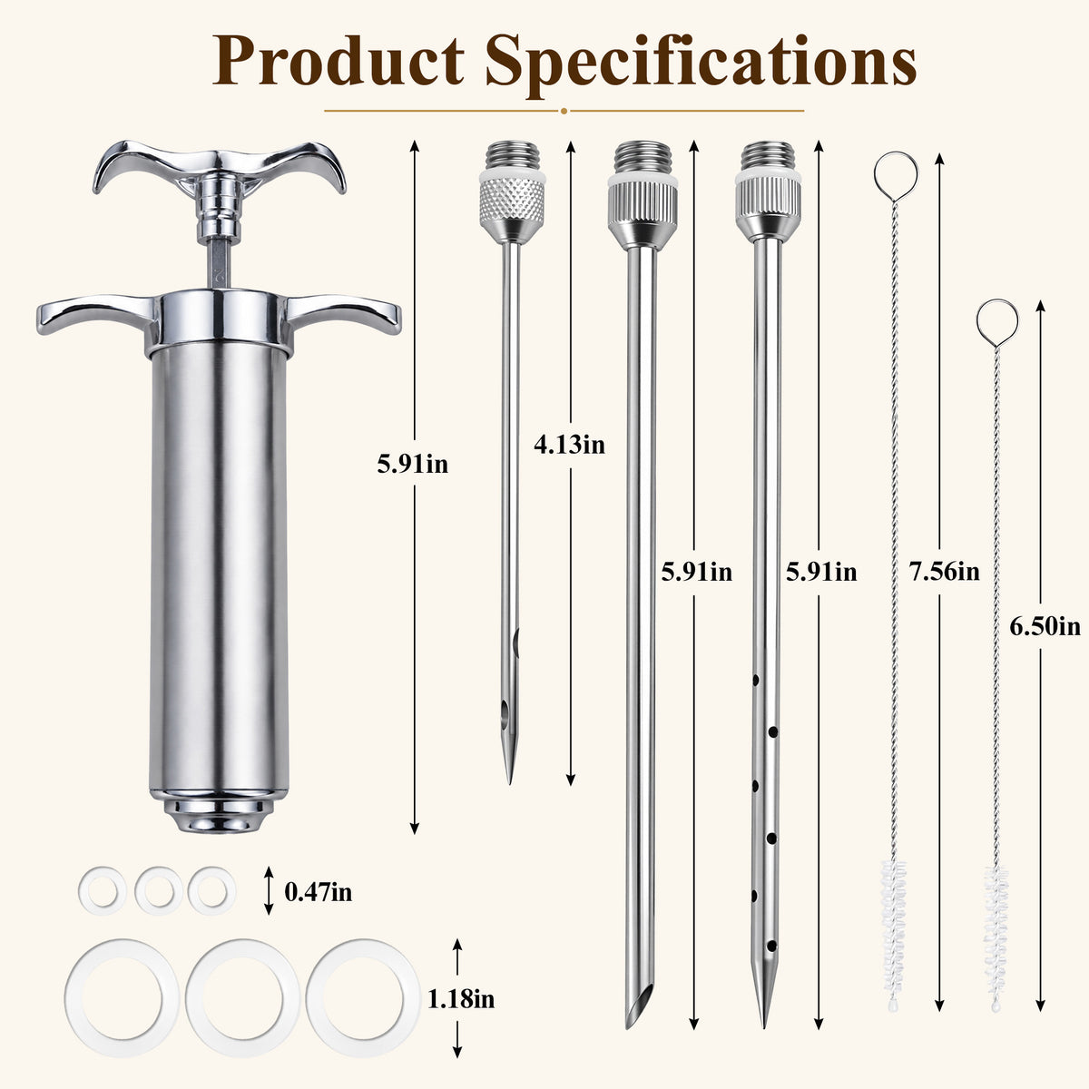 Aifanss Meat Injector Syringe, 2oz 304 Stainless Steel Marinade Injector Kit with 3 Needles, 2 Brushes and O-Rings for BBQ Grill Smoker, Turkey & Brisket