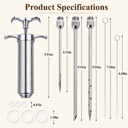 Aifanss Meat Injector Syringe, 2oz 304 Stainless Steel Marinade Injector Kit with 3 Needles, 2 Brushes and O-Rings for BBQ Grill Smoker, Turkey & Brisket