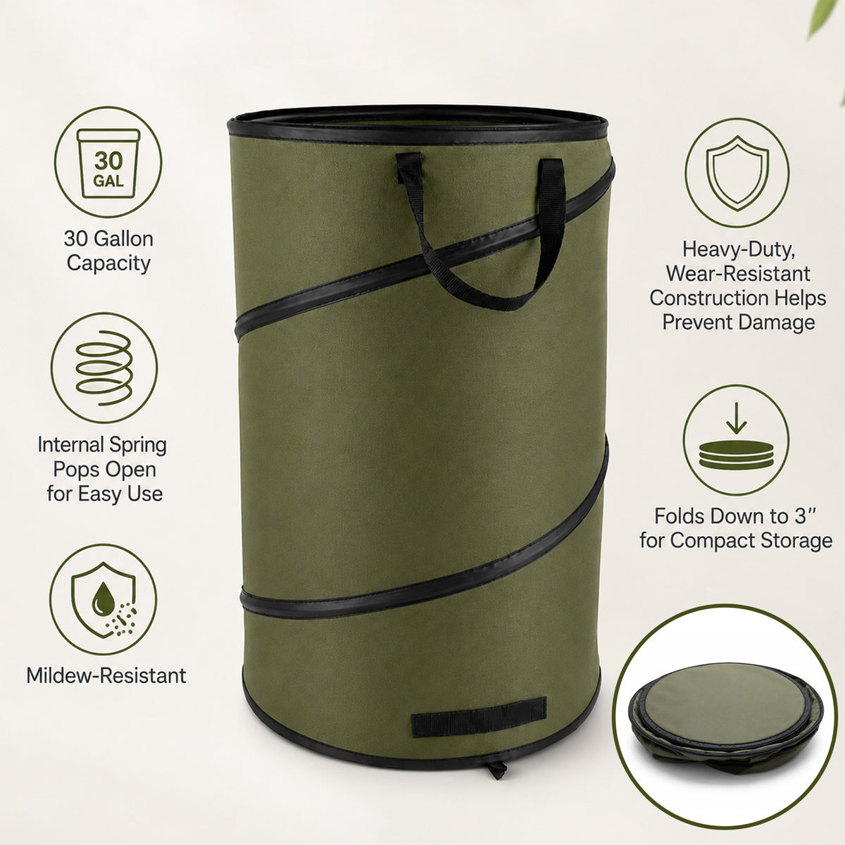 Aifanss Collapsible Trash Can, 30 Gallon Pop-up Trash Can with Zippered Lid, Reusable Garbage Bin for Camping, Yard Waste, Gardening, Lawn Care & Outdoor Use