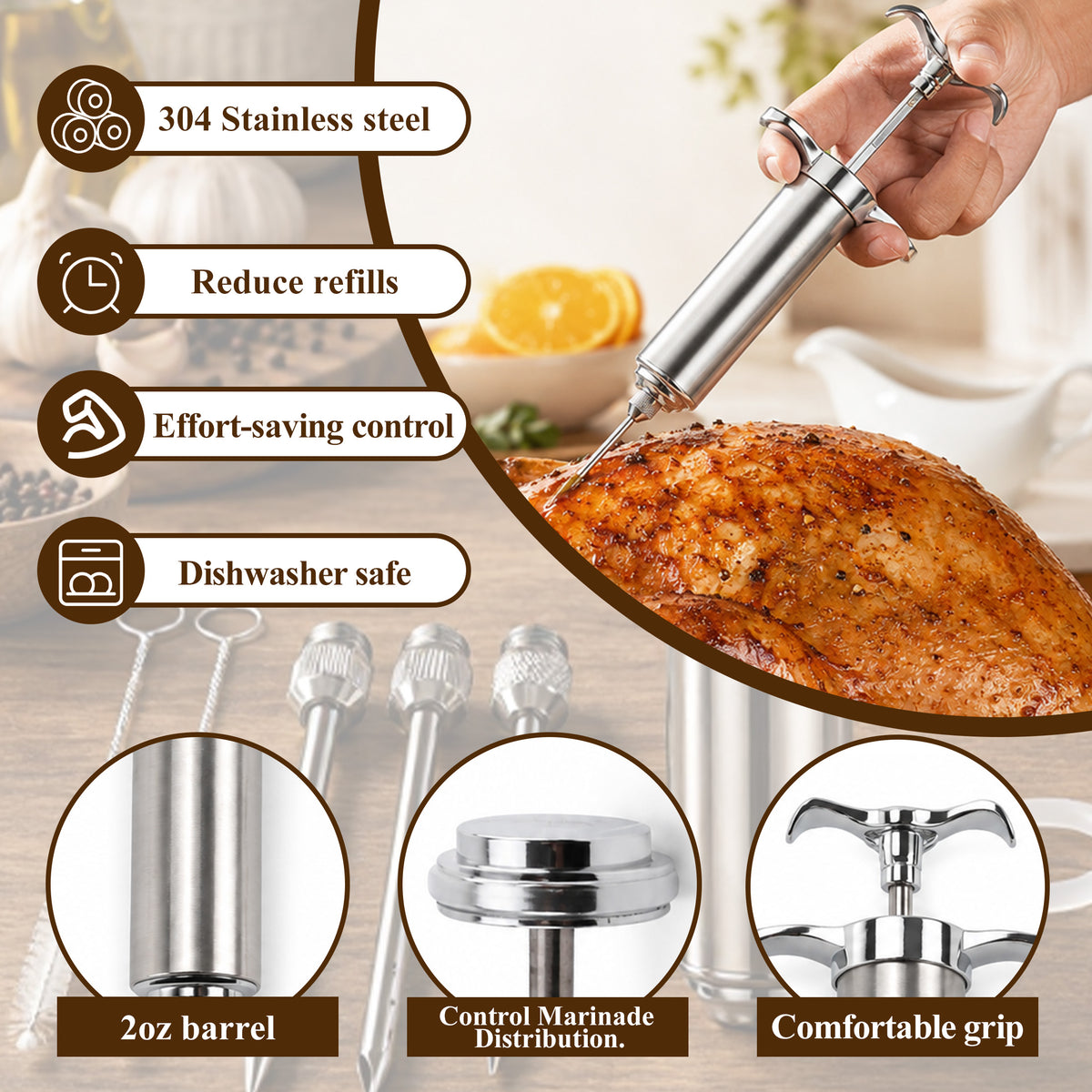 Aifanss Meat Injector Syringe, 2oz 304 Stainless Steel Marinade Injector Kit with 3 Needles, 2 Brushes and O-Rings for BBQ Grill Smoker, Turkey & Brisket