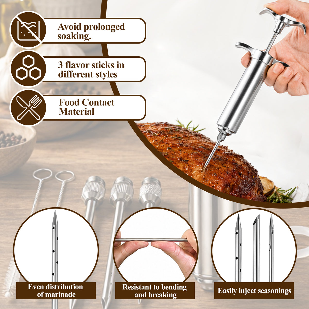 Aifanss Meat Injector Syringe, 2oz 304 Stainless Steel Marinade Injector Kit with 3 Needles, 2 Brushes and O-Rings for BBQ Grill Smoker, Turkey & Brisket
